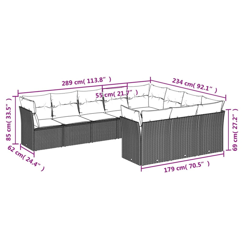 vidaXL 10 Piece Garden Sofa Set with Cushions Grey Poly Rattan
