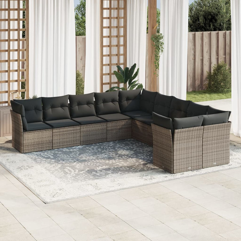 10 Piece Garden Sofa Set with Cushions Grey Poly Rattan