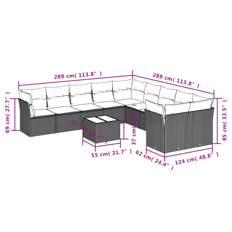 vidaXL 11 Piece Garden Sofa Set with Cushions Grey Poly Rattan