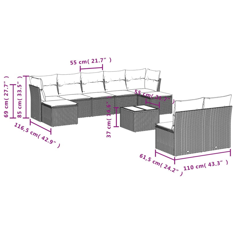 vidaXL 10 Piece Garden Sofa Set with Cushions Black Poly Rattan