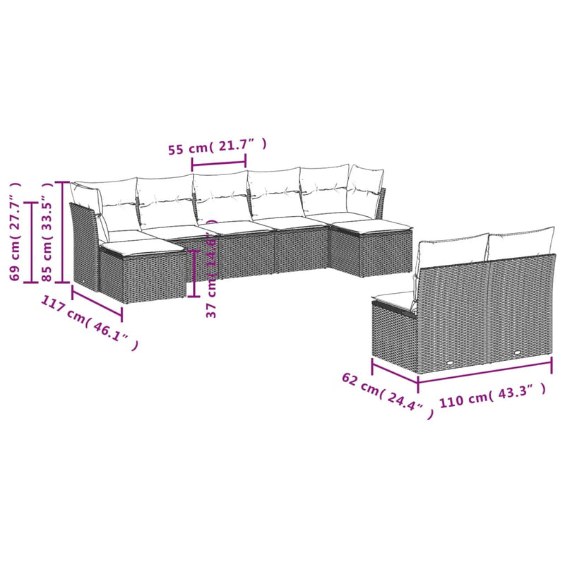 vidaXL 10 Piece Garden Sofa Set with Cushions Grey Poly Rattan