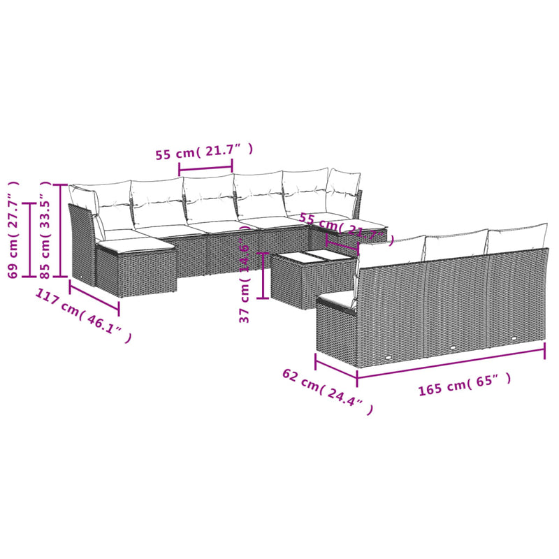 vidaXL 11 Piece Garden Sofa Set with Cushions Grey Poly Rattan