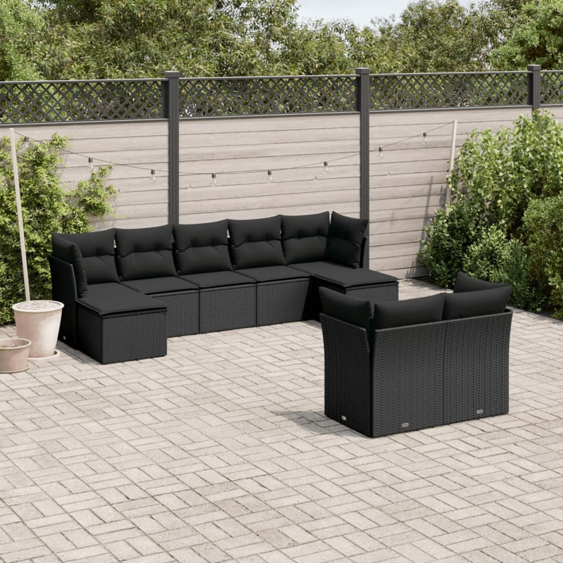 vidaXL 9 Piece Garden Sofa Set with Cushions Black Poly Rattan