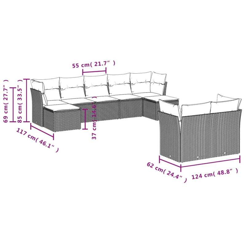 vidaXL 9 Piece Garden Sofa Set with Cushions Grey Poly Rattan