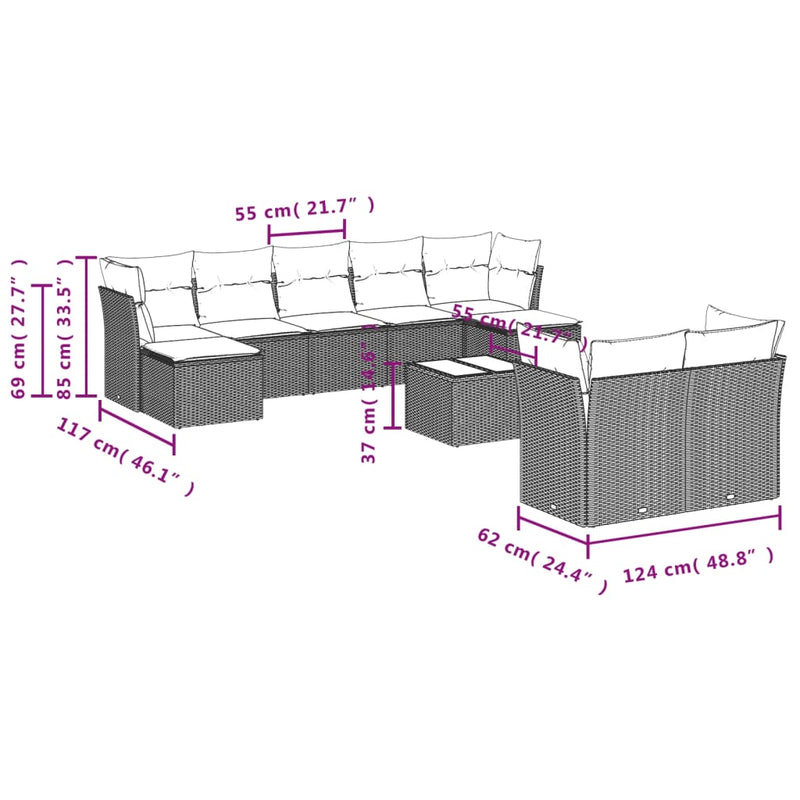 vidaXL 10 Piece Garden Sofa Set with Cushions Grey Poly Rattan