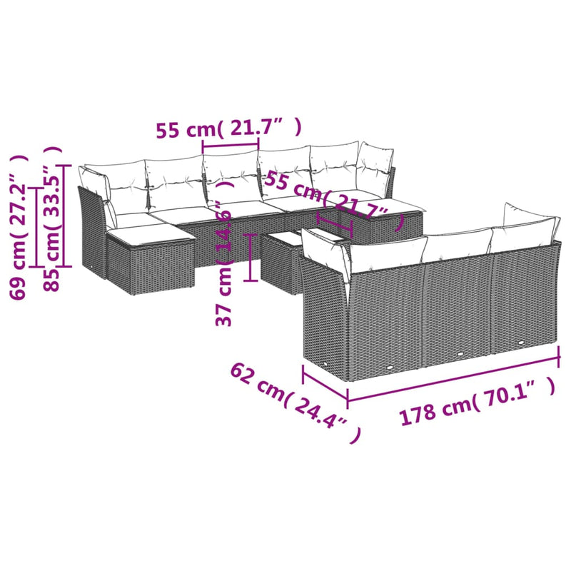 vidaXL 11 Piece Garden Sofa Set with Cushions Grey Poly Rattan
