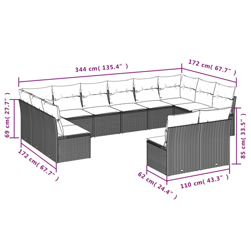 vidaXL 12 Piece Garden Sofa Set with Cushions Grey Poly Rattan