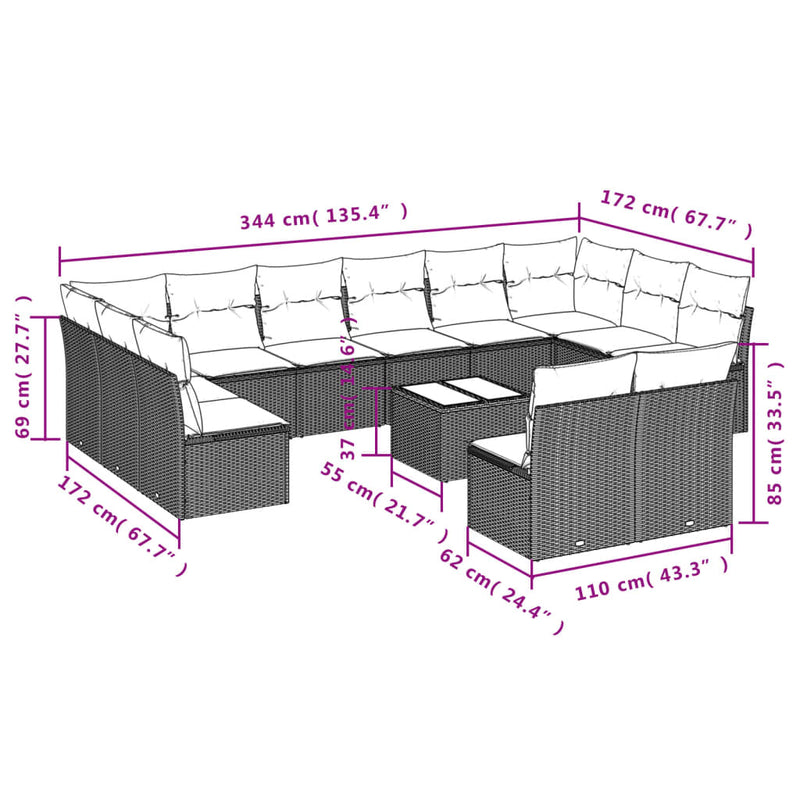 vidaXL 13 Piece Garden Sofa Set with Cushions Black Poly Rattan