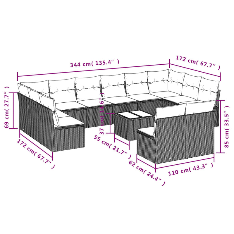 vidaXL 13 Piece Garden Sofa Set with Cushions Grey Poly Rattan