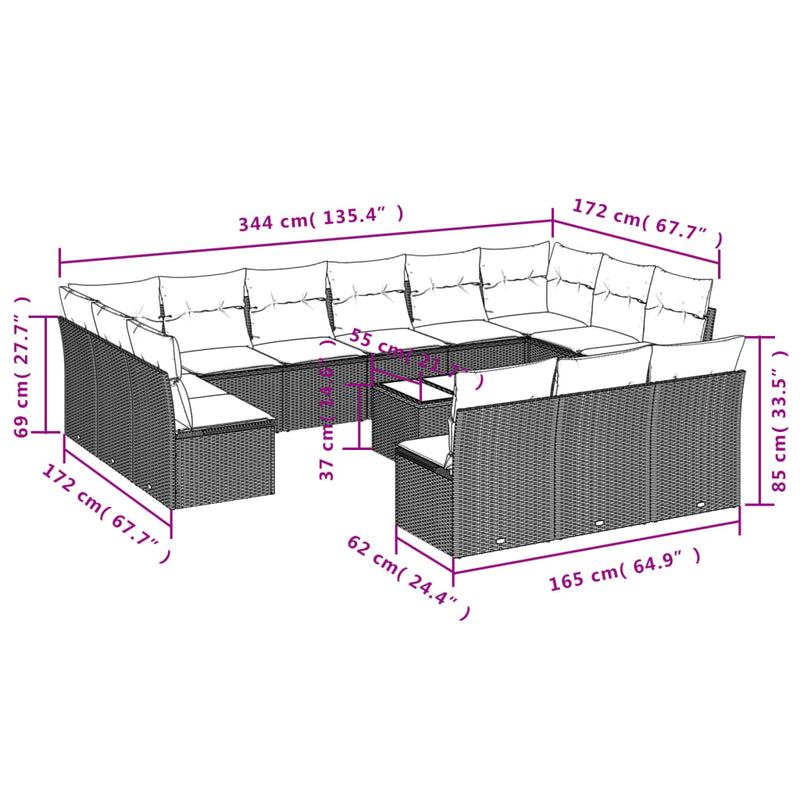 vidaXL 14 Piece Garden Sofa Set with Cushions Black Poly Rattan
