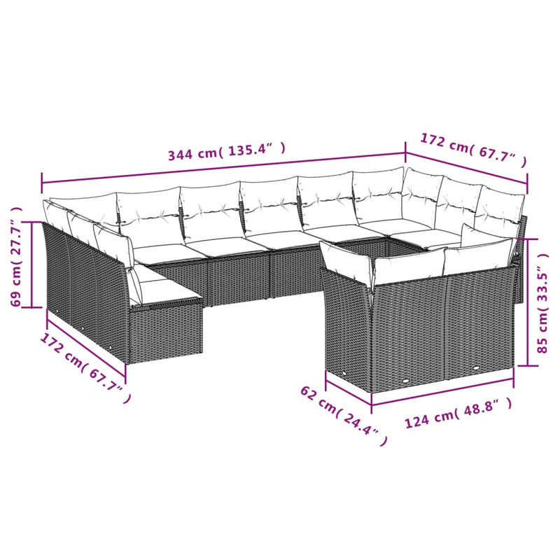 vidaXL 12 Piece Garden Sofa Set with Cushions Grey Poly Rattan