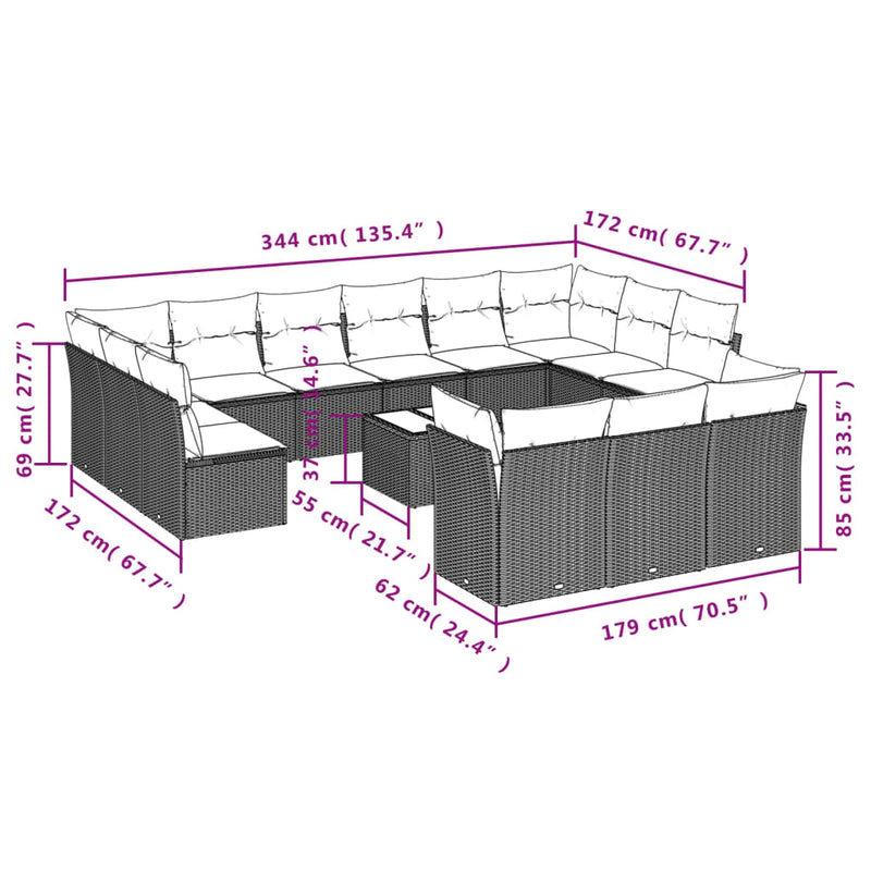 vidaXL 14 Piece Garden Sofa Set with Cushions Black Poly Rattan