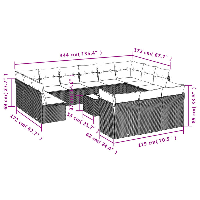 vidaXL 14 Piece Garden Sofa Set with Cushions Black Poly Rattan