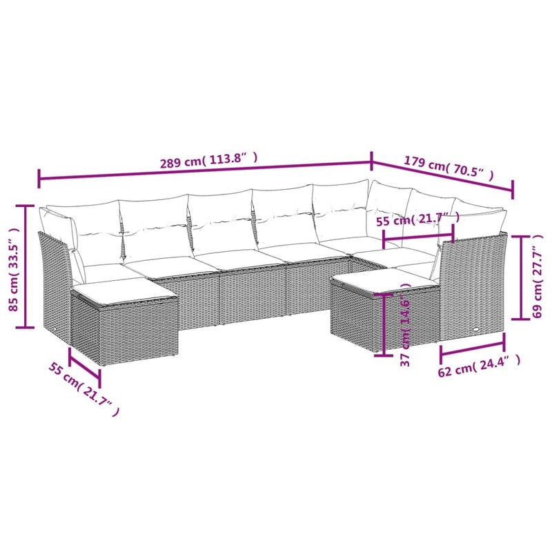 vidaXL 9 Piece Garden Sofa Set with Cushions Grey Poly Rattan
