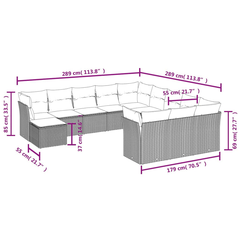 vidaXL 12 Piece Garden Sofa Set with Cushions Grey Poly Rattan