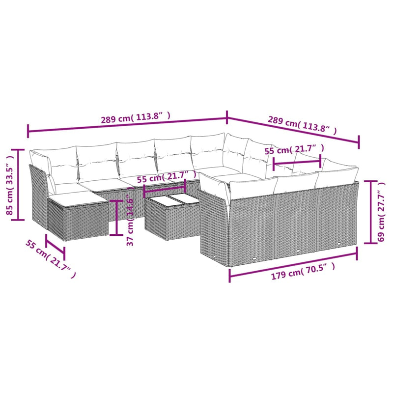 vidaXL 13 Piece Garden Sofa Set with Cushions Grey Poly Rattan