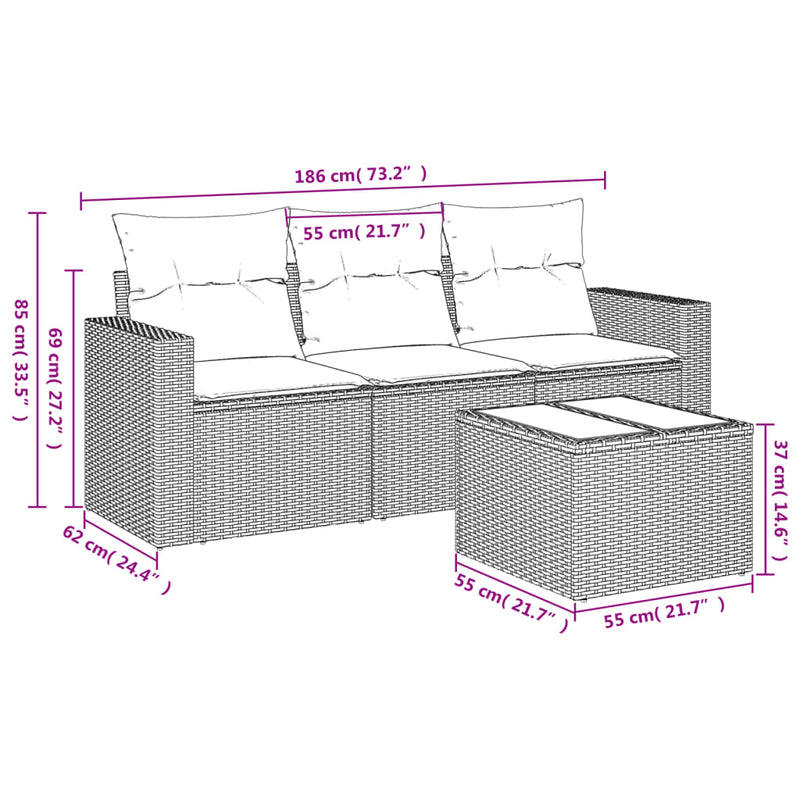 vidaXL 4 Piece Garden Sofa Set with Cushions Grey Poly Rattan