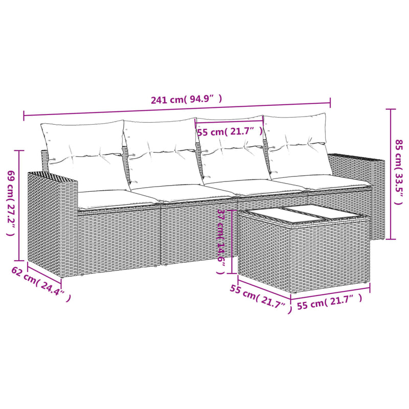 5 Piece Garden Sofa Set with Cushions Grey Poly Rattan