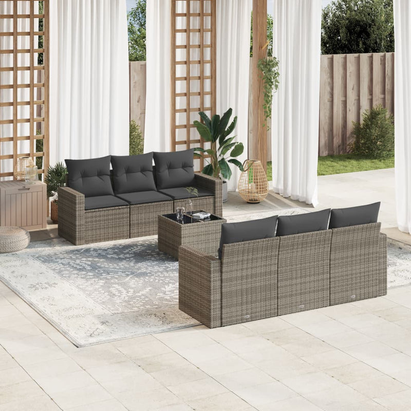 7 Piece Garden Sofa Set with Cushions Grey Poly Rattan