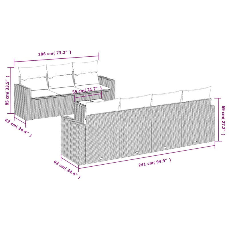 vidaXL 8 Piece Garden Sofa Set with Cushions Grey Poly Rattan