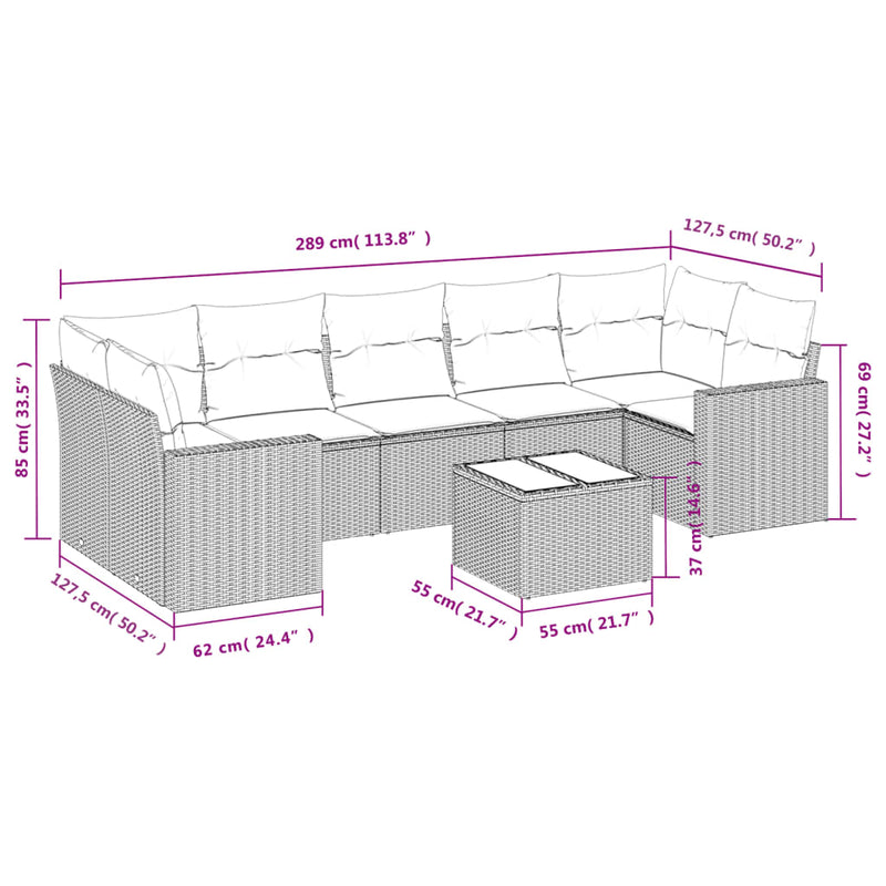 vidaXL 8 Piece Garden Sofa Set with Cushions Grey Poly Rattan