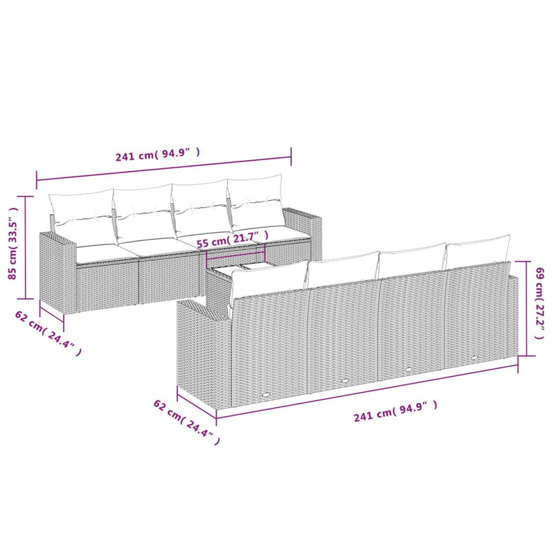 vidaXL 9 Piece Garden Sofa Set with Cushions Grey Poly Rattan