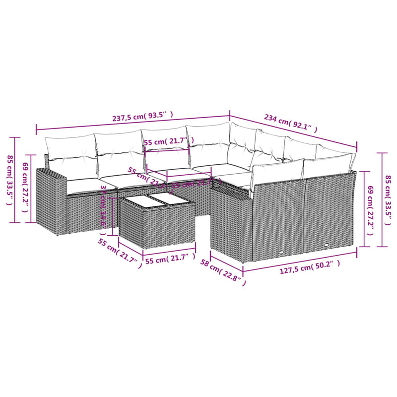 vidaXL 9 Piece Garden Sofa Set with Cushions Black Poly Rattan
