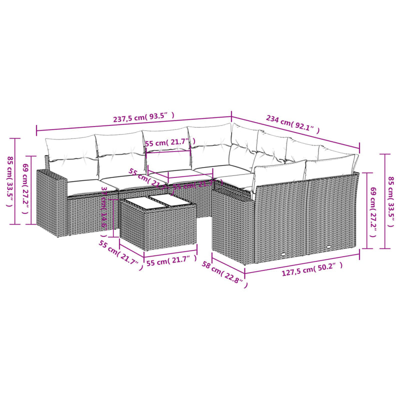 vidaXL 9 Piece Garden Sofa Set with Cushions Grey Poly Rattan