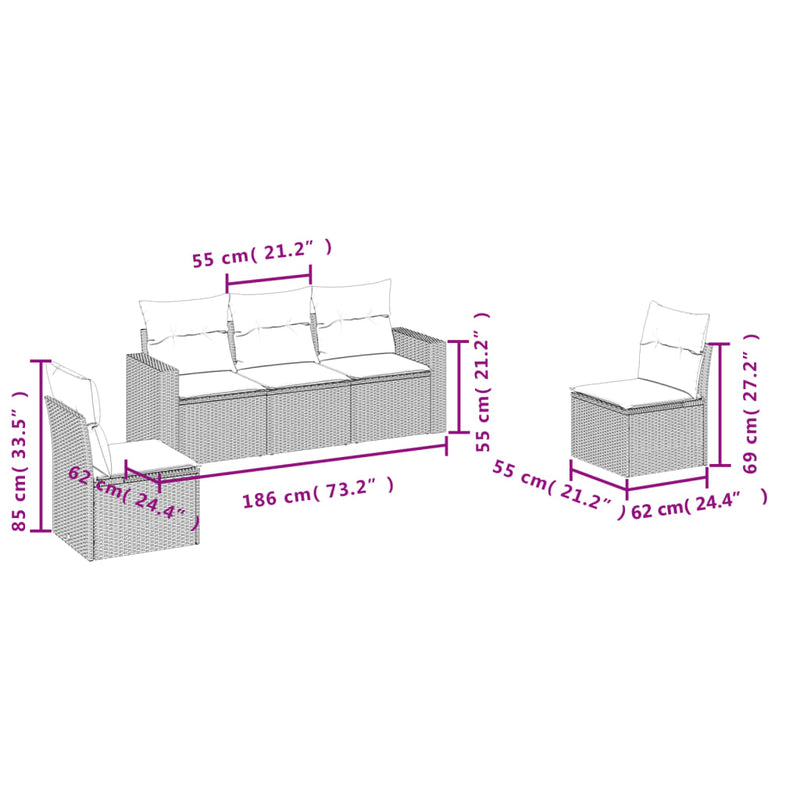 vidaXL 5 Piece Garden Sofa Set with Cushions Grey Poly Rattan