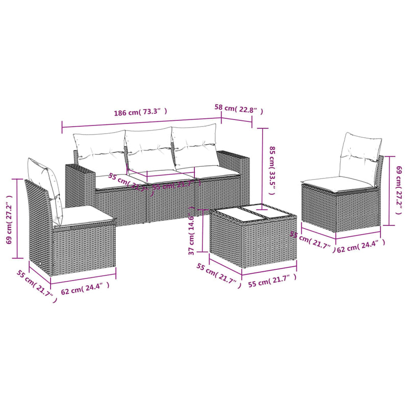 vidaXL 6 Piece Garden Sofa Set with Cushions Black Poly Rattan