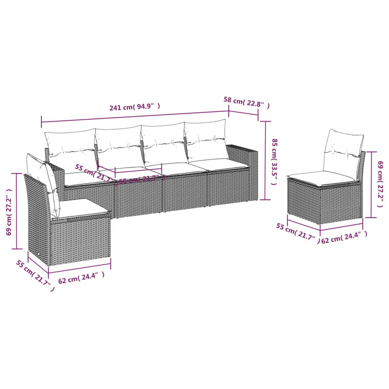 vidaXL 6 Piece Garden Sofa Set with Cushions Black Poly Rattan