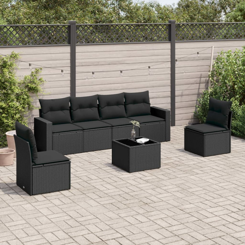 vidaXL 7 Piece Garden Sofa Set with Cushions Black Poly Rattan