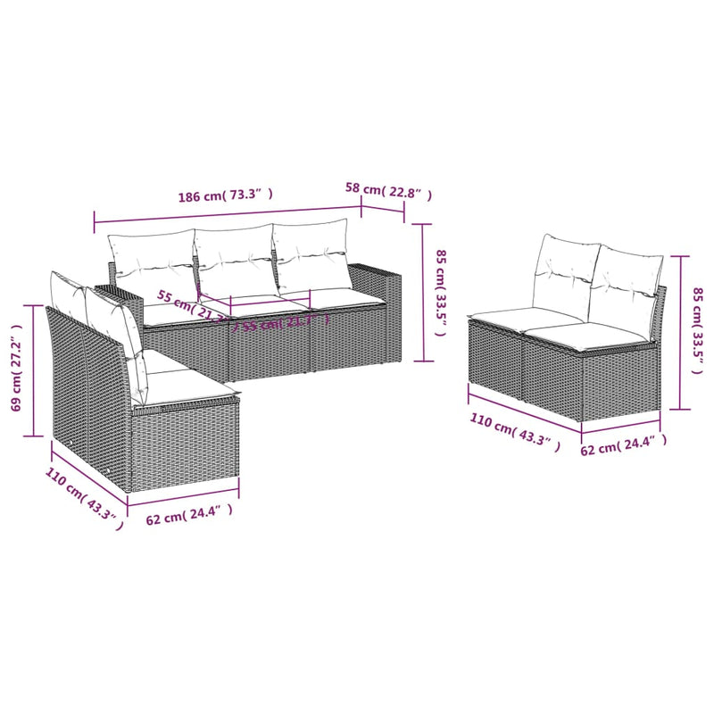 vidaXL 7 Piece Garden Sofa Set with Cushions Grey Poly Rattan