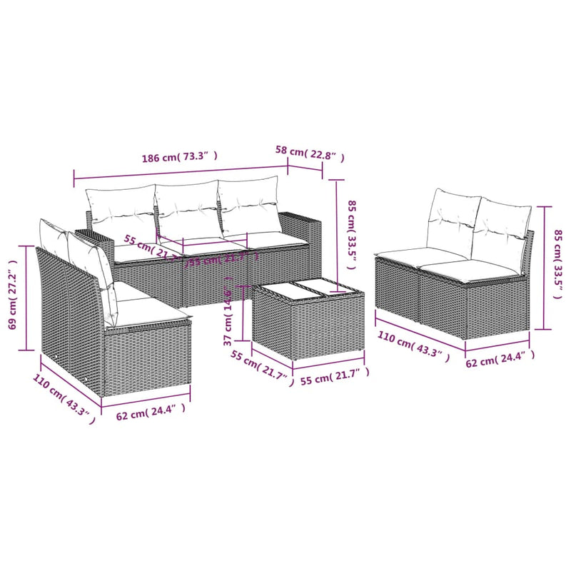 vidaXL 8 Piece Garden Sofa Set with Cushions Grey Poly Rattan