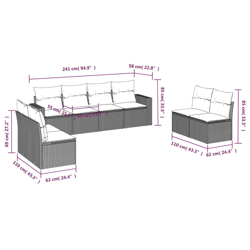 vidaXL 8 Piece Garden Sofa Set with Cushions Grey Poly Rattan