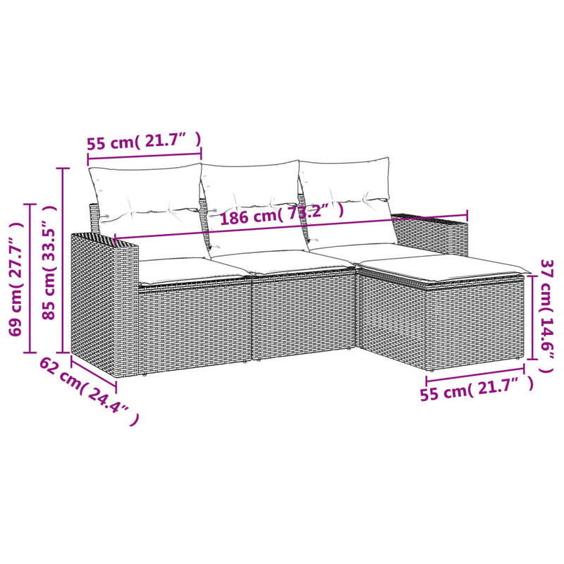 vidaXL 4 Piece Garden Sofa Set with Cushions Grey Poly Rattan