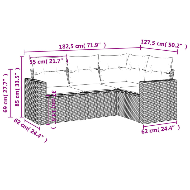 vidaXL 4 Piece Garden Sofa Set with Cushions Grey Poly Rattan