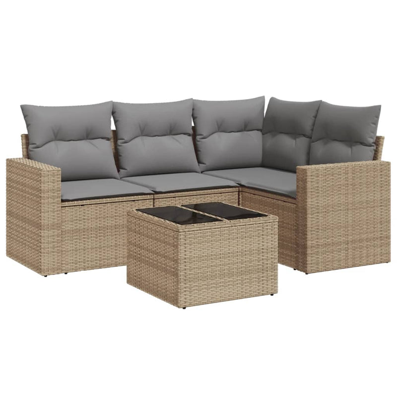 5 Piece Garden Sofa Set with Cushions Beige Poly Rattan