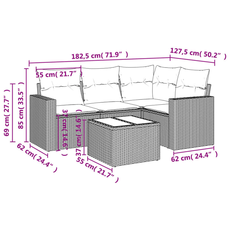 vidaXL 5 Piece Garden Sofa Set with Cushions Grey Poly Rattan