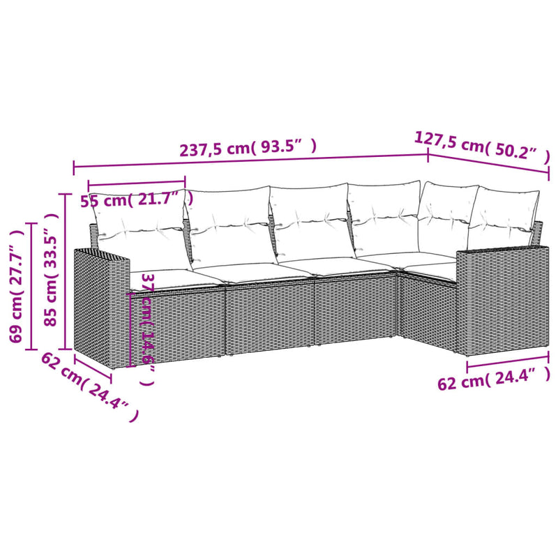 5 Piece Garden Sofa Set with Cushions Grey Poly Rattan