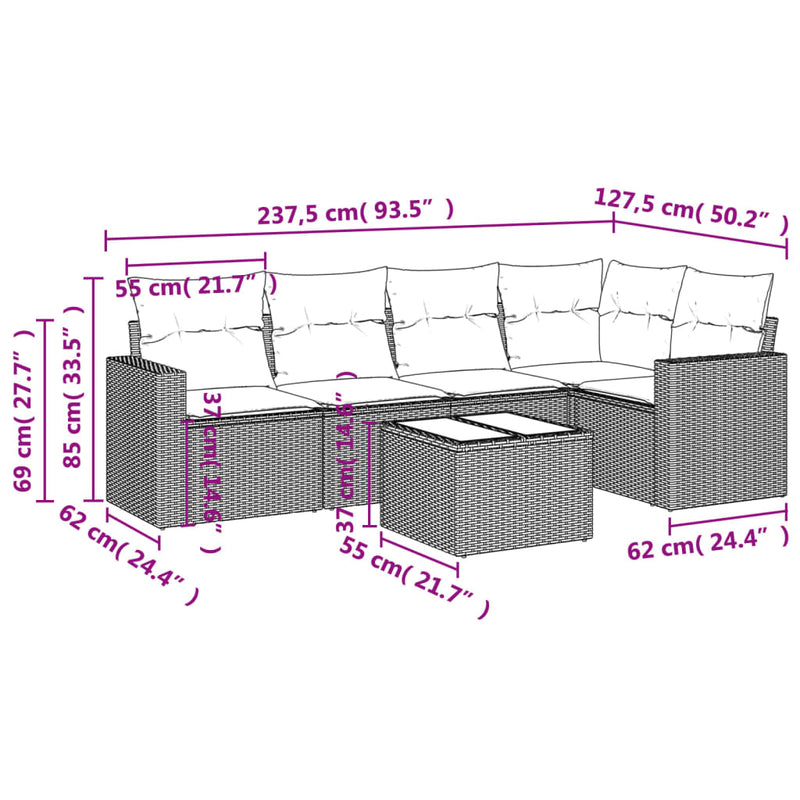 vidaXL 6 Piece Garden Sofa Set with Cushions Grey Poly Rattan