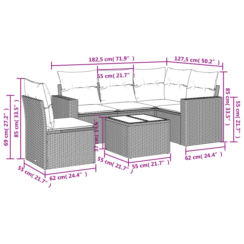 vidaXL 6 Piece Garden Sofa Set with Cushions Black Poly Rattan