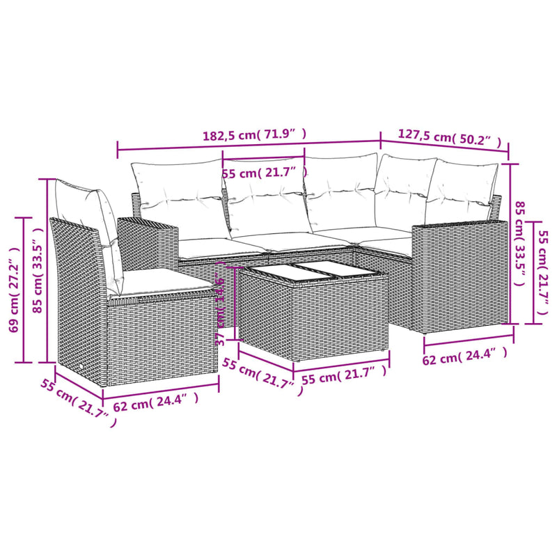 vidaXL 6 Piece Garden Sofa Set with Cushions Grey Poly Rattan