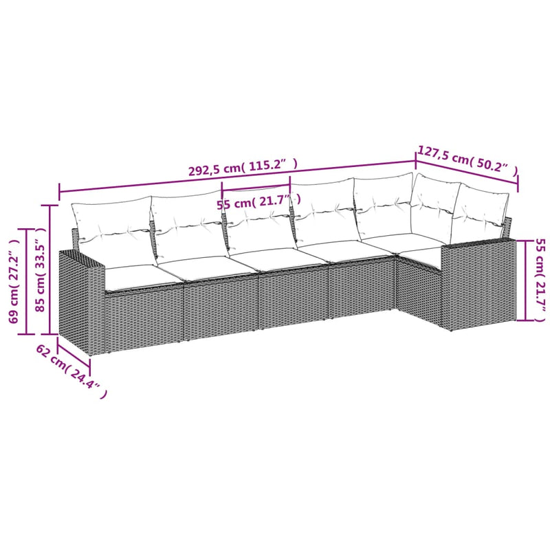 vidaXL 6 Piece Garden Sofa Set with Cushions Black Poly Rattan
