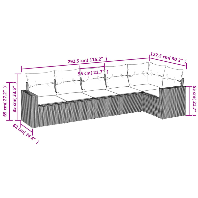 vidaXL 6 Piece Garden Sofa Set with Cushions Grey Poly Rattan