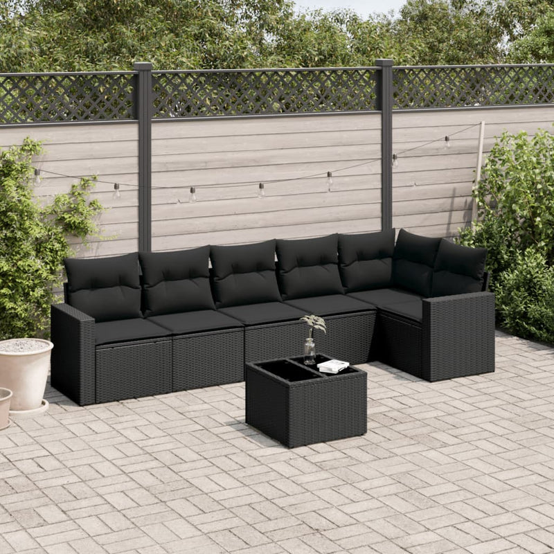 vidaXL 7 Piece Garden Sofa Set with Cushions Black Poly Rattan