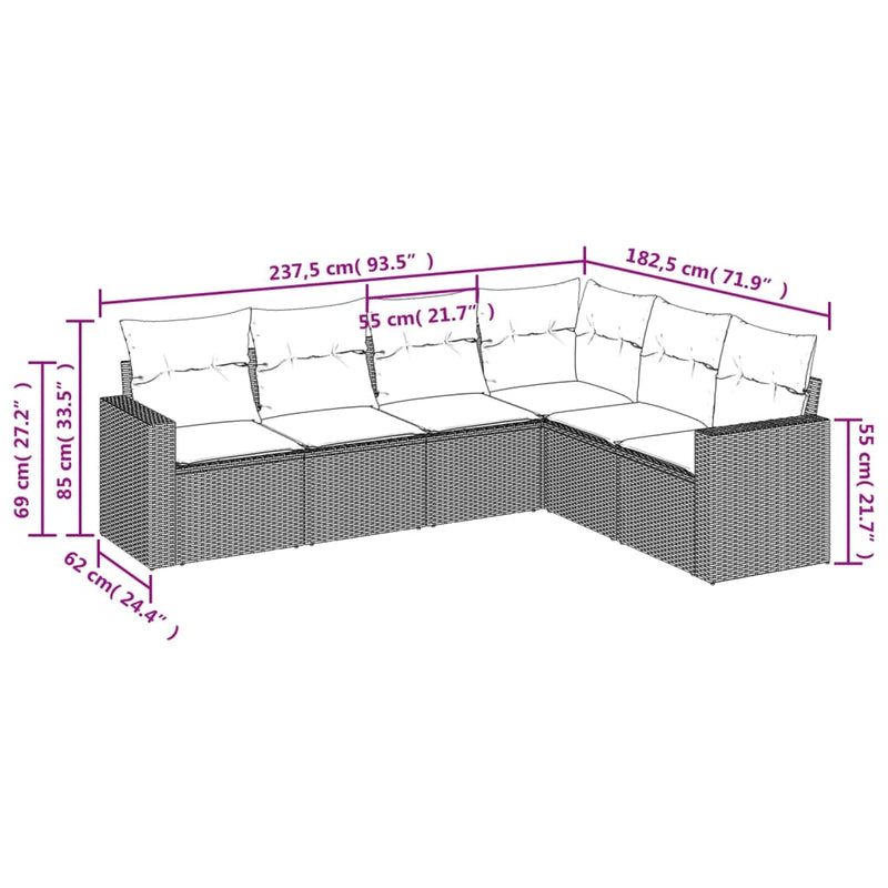 vidaXL 6 Piece Garden Sofa Set with Cushions Grey Poly Rattan