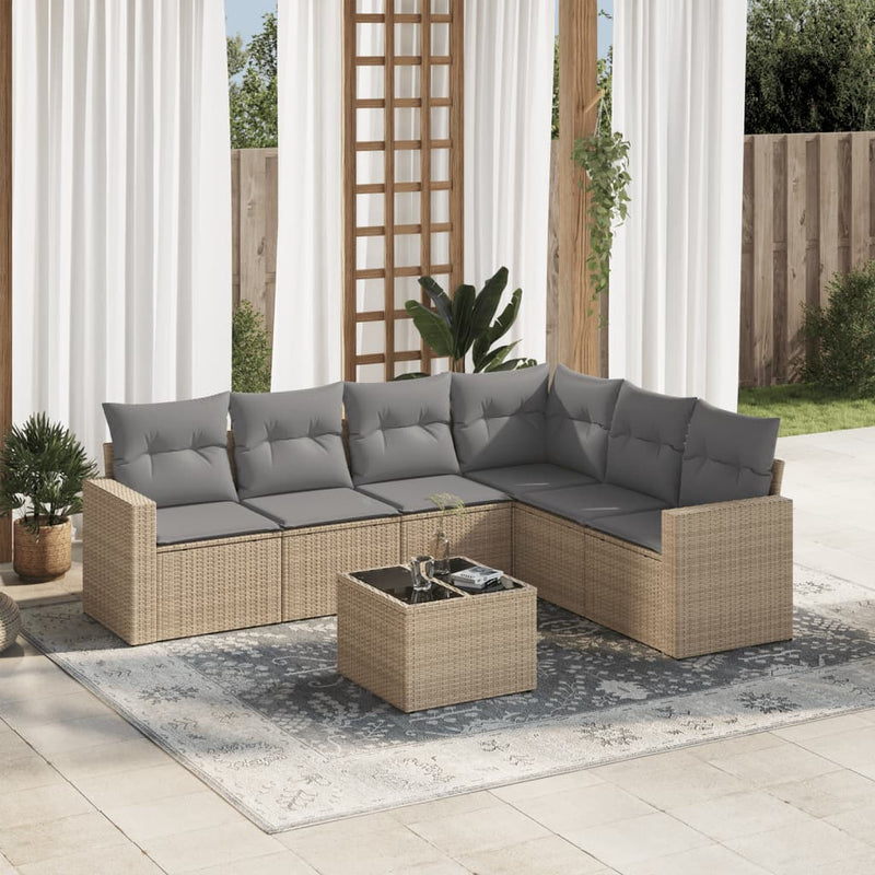 7 Piece Garden Sofa Set with Cushions Beige Poly Rattan