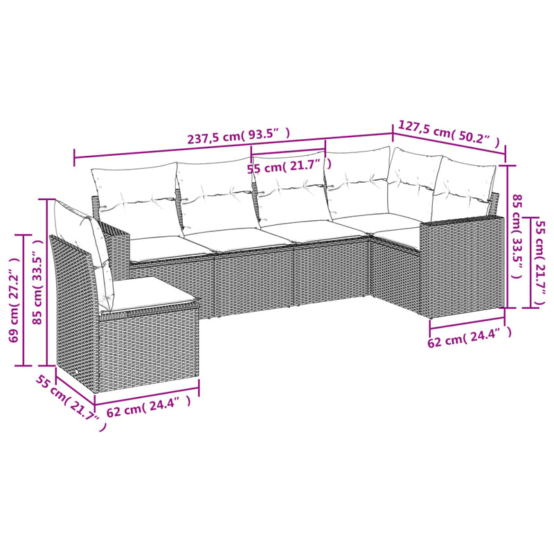 vidaXL 6 Piece Garden Sofa Set with Cushions Grey Poly Rattan