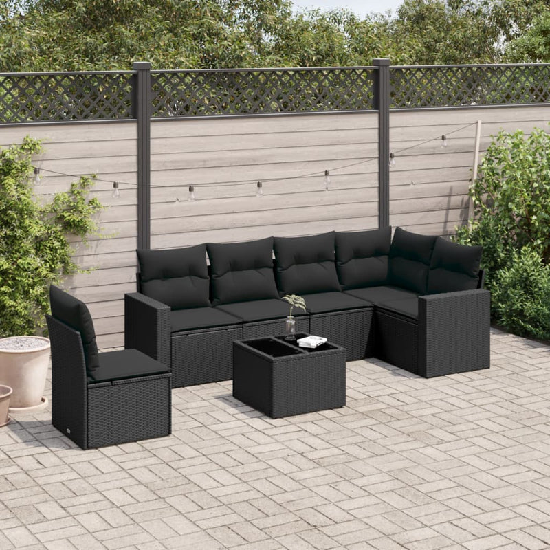vidaXL 7 Piece Garden Sofa Set with Cushions Black Poly Rattan
